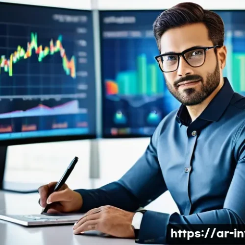 스탁옵션 개념과 활용법 - A focused, confident male investor, approximately 35 years old, with a modern, well-groomed appearan...