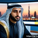 주식 투자 리스크 관리 - A modern Arab financial advisor in traditional attire, sitting confidently at a sleek desk with mult...
