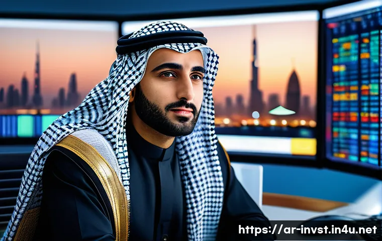 주식 투자 리스크 관리 - A modern Arab financial advisor in traditional attire, sitting confidently at a sleek desk with mult...