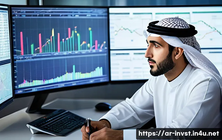 주식 공매도의 개념 - A sophisticated Arab male financial trader in his 30s wearing a traditional white thobe and a modern...