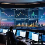 AI 관련 주식 추천 - A sophisticated digital stock market trading room set in a modern Middle Eastern city skyline at dus...