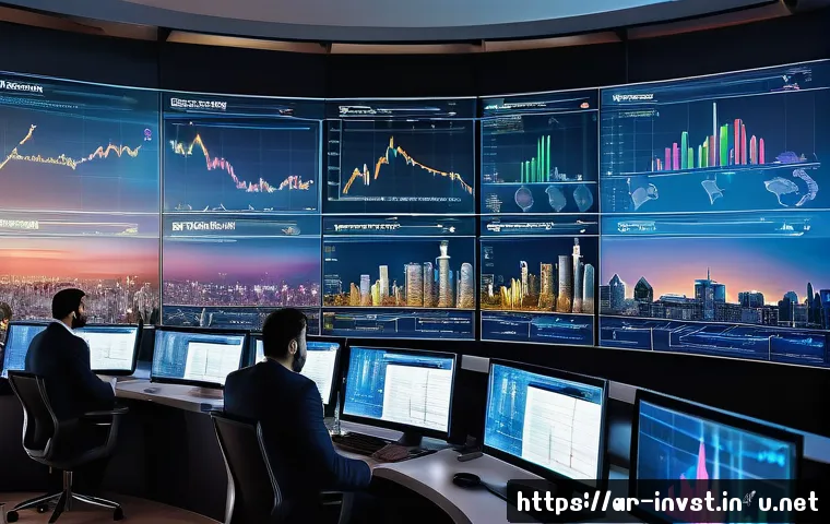 AI 관련 주식 추천 - A sophisticated digital stock market trading room set in a modern Middle Eastern city skyline at dus...