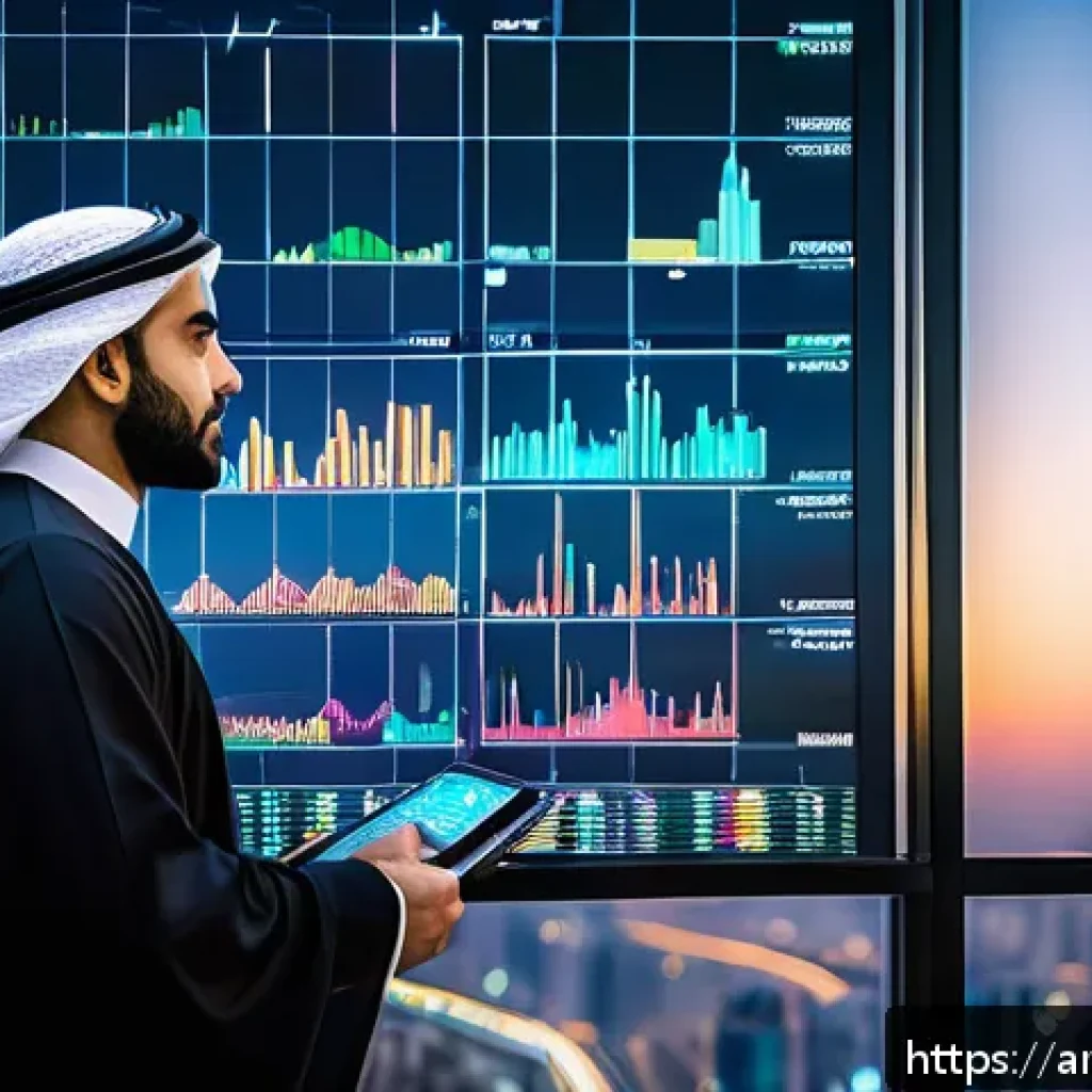 스테이블 코인 투자 방법 - A professional Middle Eastern businessman in traditional attire (thobe and keffiyeh) analyzing digit...