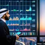 스테이블 코인 투자 방법 - A professional Middle Eastern businessman in traditional attire (thobe and keffiyeh) analyzing digit...
