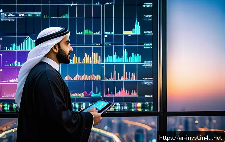 스테이블 코인 투자 방법 - A professional Middle Eastern businessman in traditional attire (thobe and keffiyeh) analyzing digit...