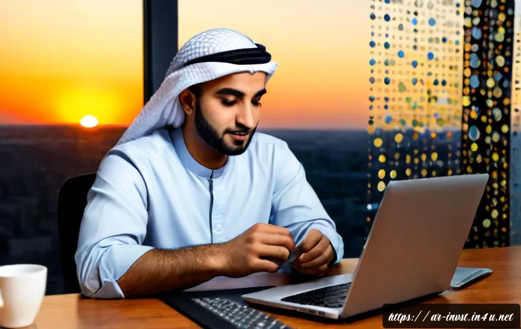 코인 스테이킹이란 - Photorealistic Middle Eastern Arab man in modest smart-casual clothing sitting at a clean home offic...